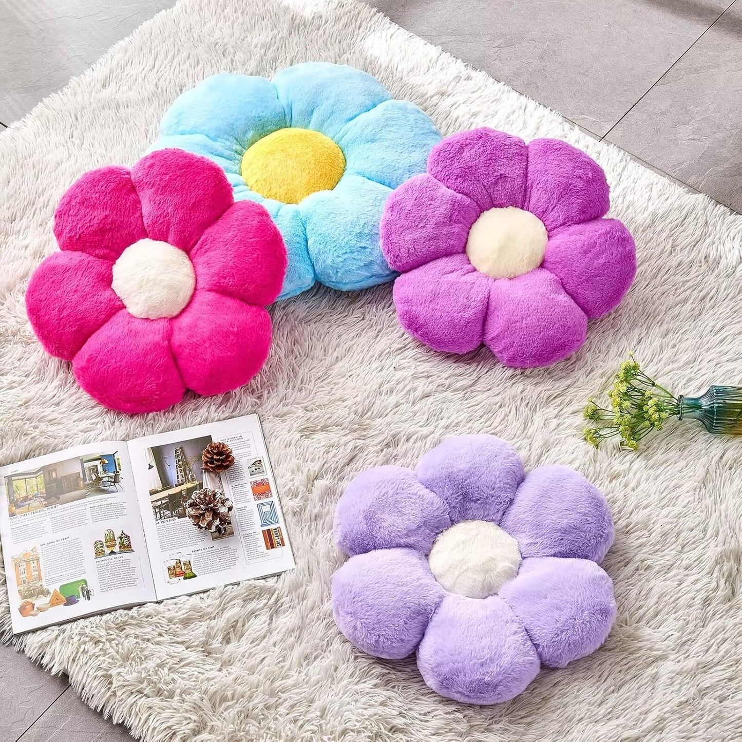 Blue Flower Pillow, Cute Decorative Shaped Throw Pillow With Faux Rabbit Fur, 19.6" Soft Plush Floor Pillows Room Decor for Bedroom Living Room