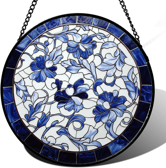 Stained Glass Window Hanging, Blue and White Abstract Flowers Sun Catcher for Door Home Decor Suncatcher Christmas Mother's Day Birthday Gifts for Women Men Mom and Nana 6.3 in