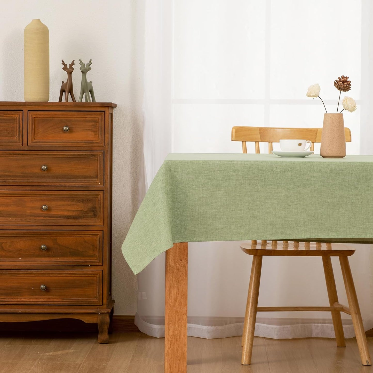 Hiasan 2 Pack Faux Linen Rectangle Tablecloth - Wrinkle and Stain Resistant Washable Table Cloth for Kitchen Dining Room Holiday Table Cover for Party Dinner, Green, 90 x 132 Inch