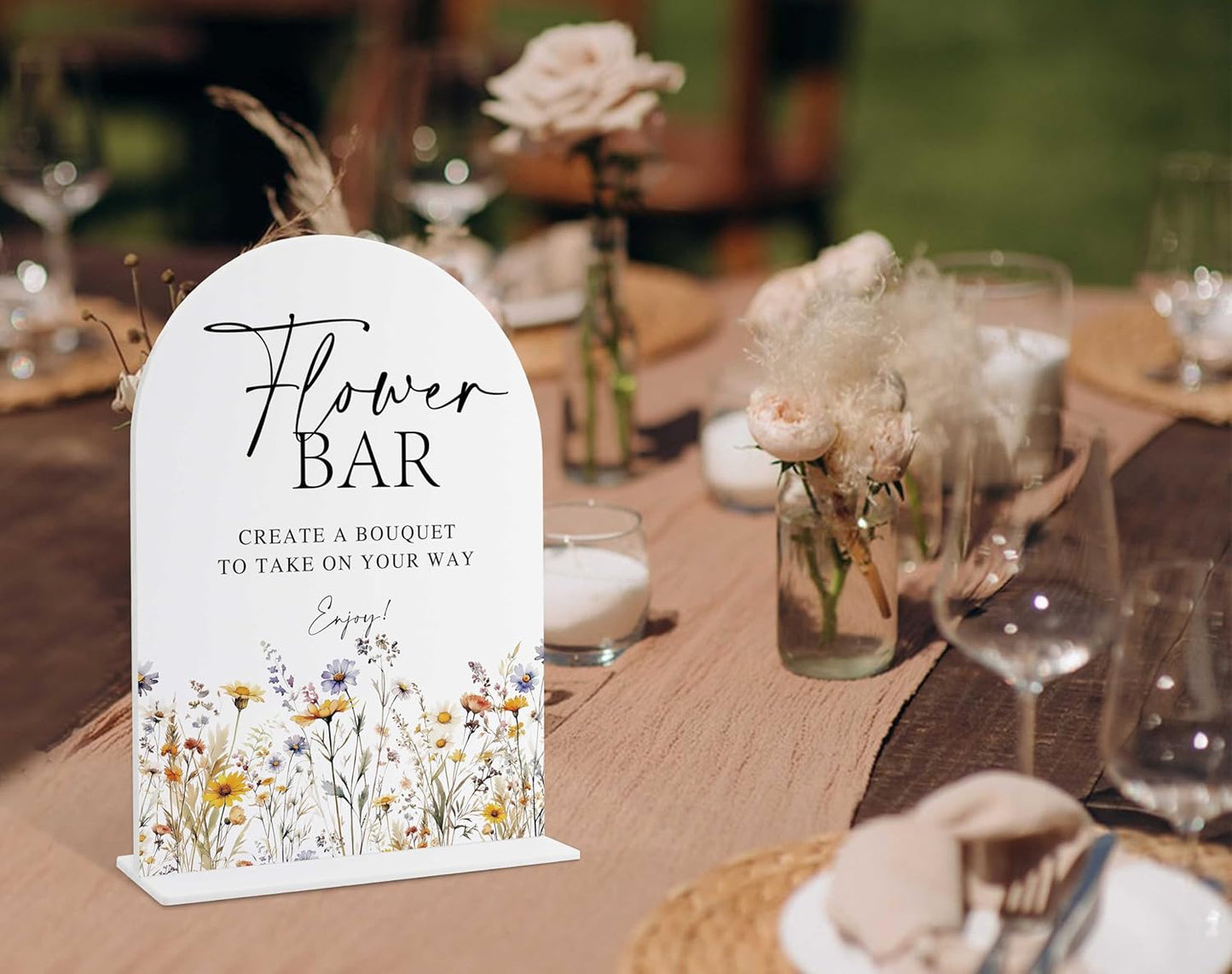 Wedding Signs for Ceremony and Reception, Boho Floral Acrylic Flower Bar Sign, Wedding Signage with Stand, Bridal Shower Table Centerpieces, Flower Bar Supplies for Engagement Reception Events, 22