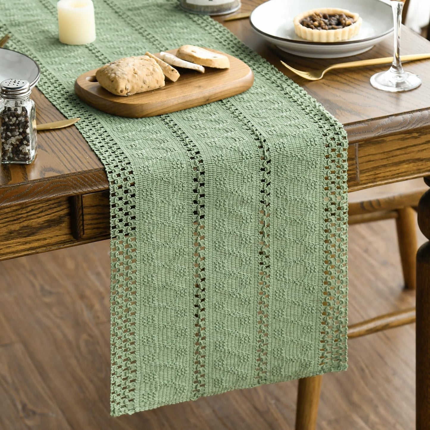 Artoid Mode Light Green Farmhouse Woven Rustic Hollow Table Runner, Seasonal Holiday Hollow Kitchen Dining Table Decoration for Home Party Decor 12x120 Inch