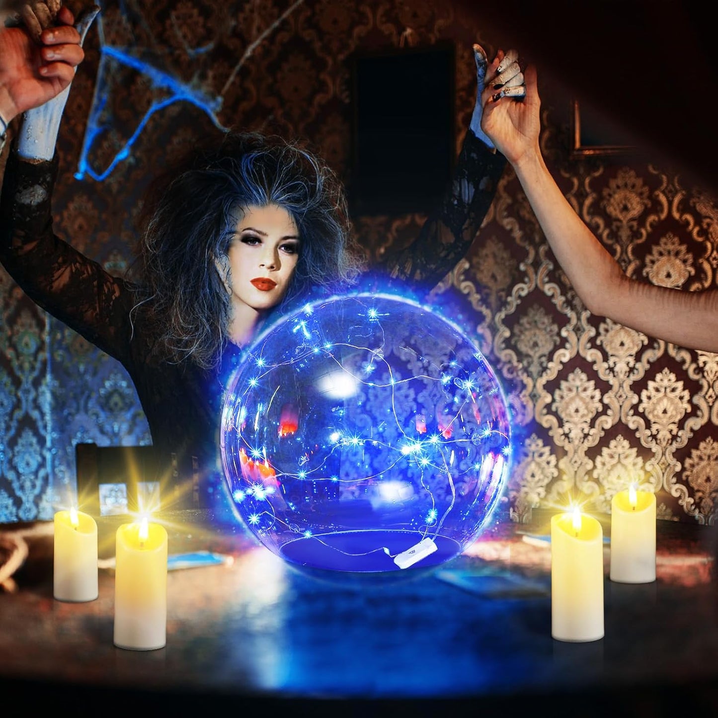 Halloween 14" Clear Acrylic Globe Decoration costume Set for Haunted House with 8.6" Neckless Opening with Blue String Lights 9.8ft Smooth Textured for Halloween