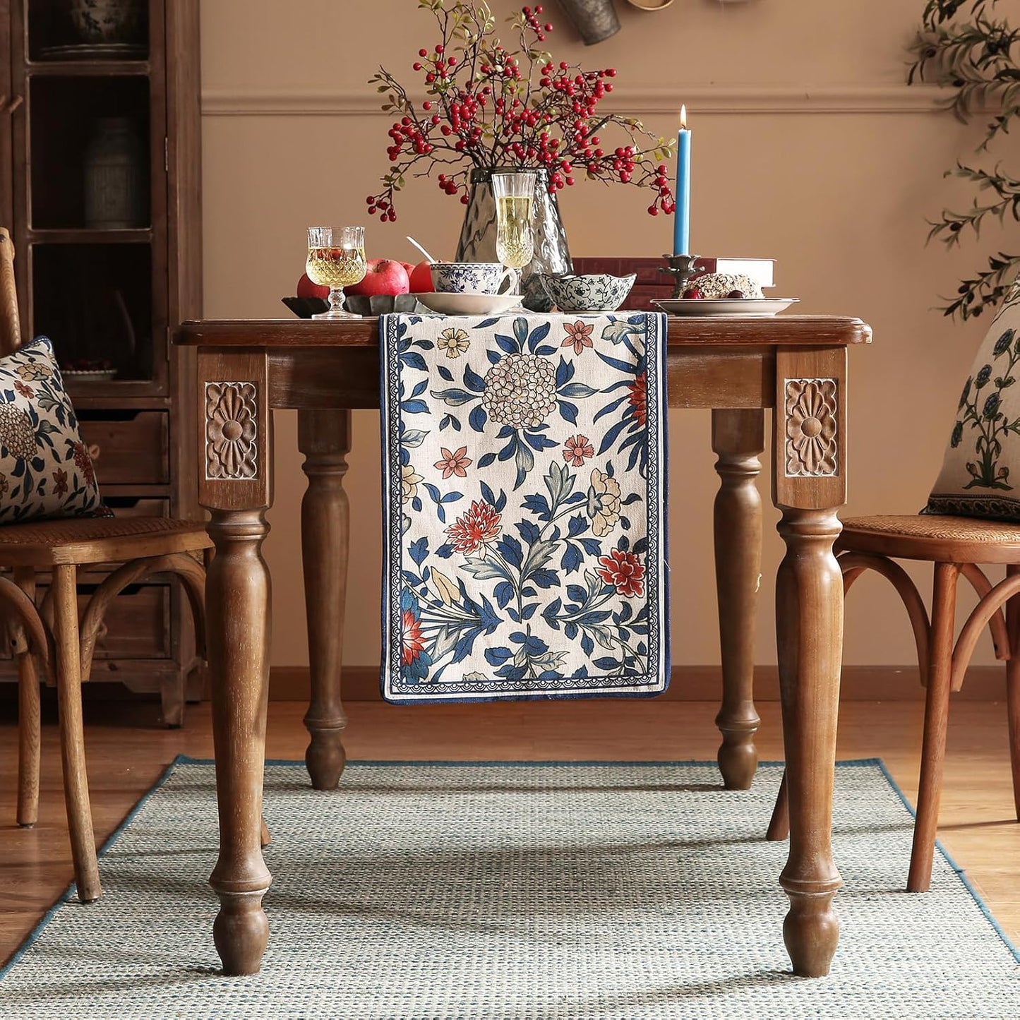 patdrea Designer Blue Cottage Rustic Floral Patterned Extra Long,Wrinkle Resistant Linen Table Runner 118 Inch Long,Decoration for Kitchen Dining and Coffee Tables Banquet Christmas , 12"x118"
