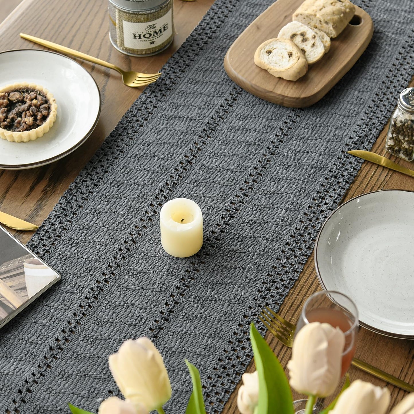 Artoid Mode Dark Grey Farmhouse Woven Rustic Hollow Table Runner, Seasonal Holiday Hollow Kitchen Dining Table Decoration for Home Party Decor 12x120 Inch