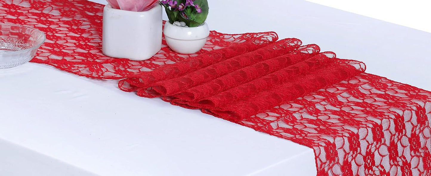 MDS Pack of 20 Wedding 12 x 108 inches Lace Table Runner for Wedding, Decorations for Birthday Parties, Banquets, Graduations, Engagements, and Runners fit Rectangle, Round Table- Red