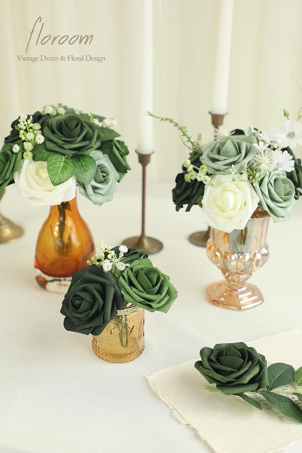Floroom Artificial Flowers 25pcs Real Looking Forest Green Ombre Colors Foam Fake Roses with Stems for DIY Wedding Bouquets Bridal Shower Centerpieces Sage Green Floral Arrangements Decorations