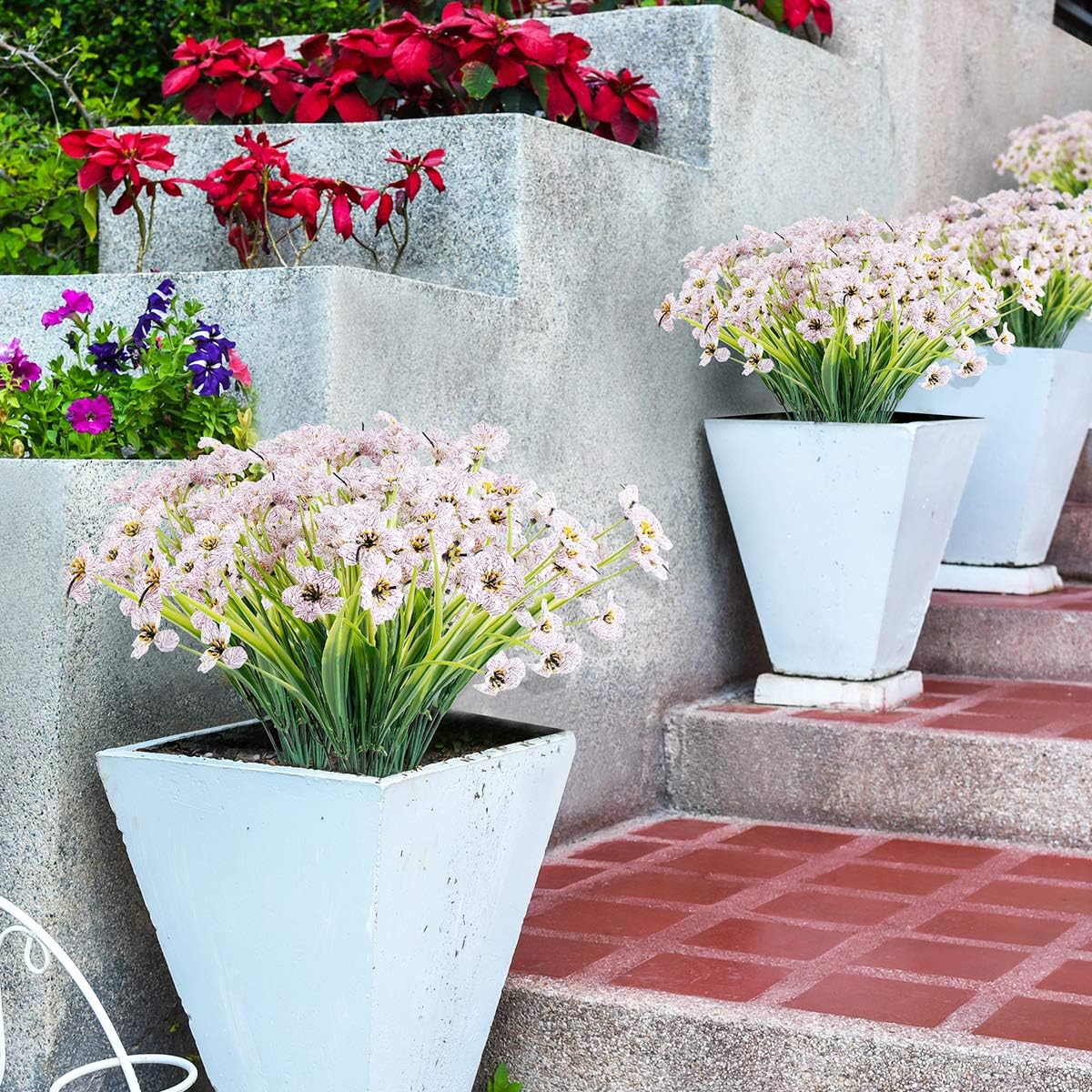 12 Bundles Artificial Flowers Outdoor UV Resistant Fake Flowers No Fade Plastic Plants Garden Porch Window Box Decorating (White)