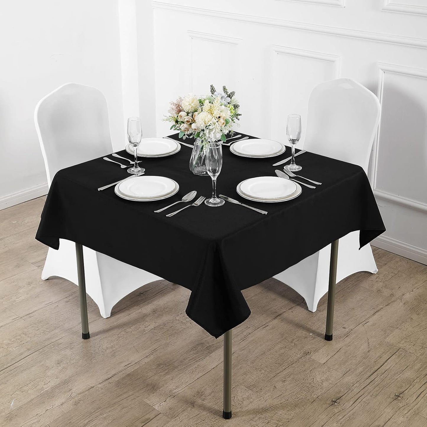 Fokitut 2 Pack Waterproof Square Tablecloth, 90x90 Inch, Stain Resistant and Wrinkle Polyester Table Cloth, Fabric Table Cover for Kitchen Dining, Wedding, Party, Holiday Dinner-Black
