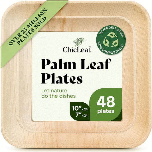 Chic Leaf Compostable & Biodegradable Palm Leaf Disposable Bamboo Plates - Disposable Party Plates for Appetizers - Camping Essentials - Reusable Party Supplies (10 & 7 Inch Square)