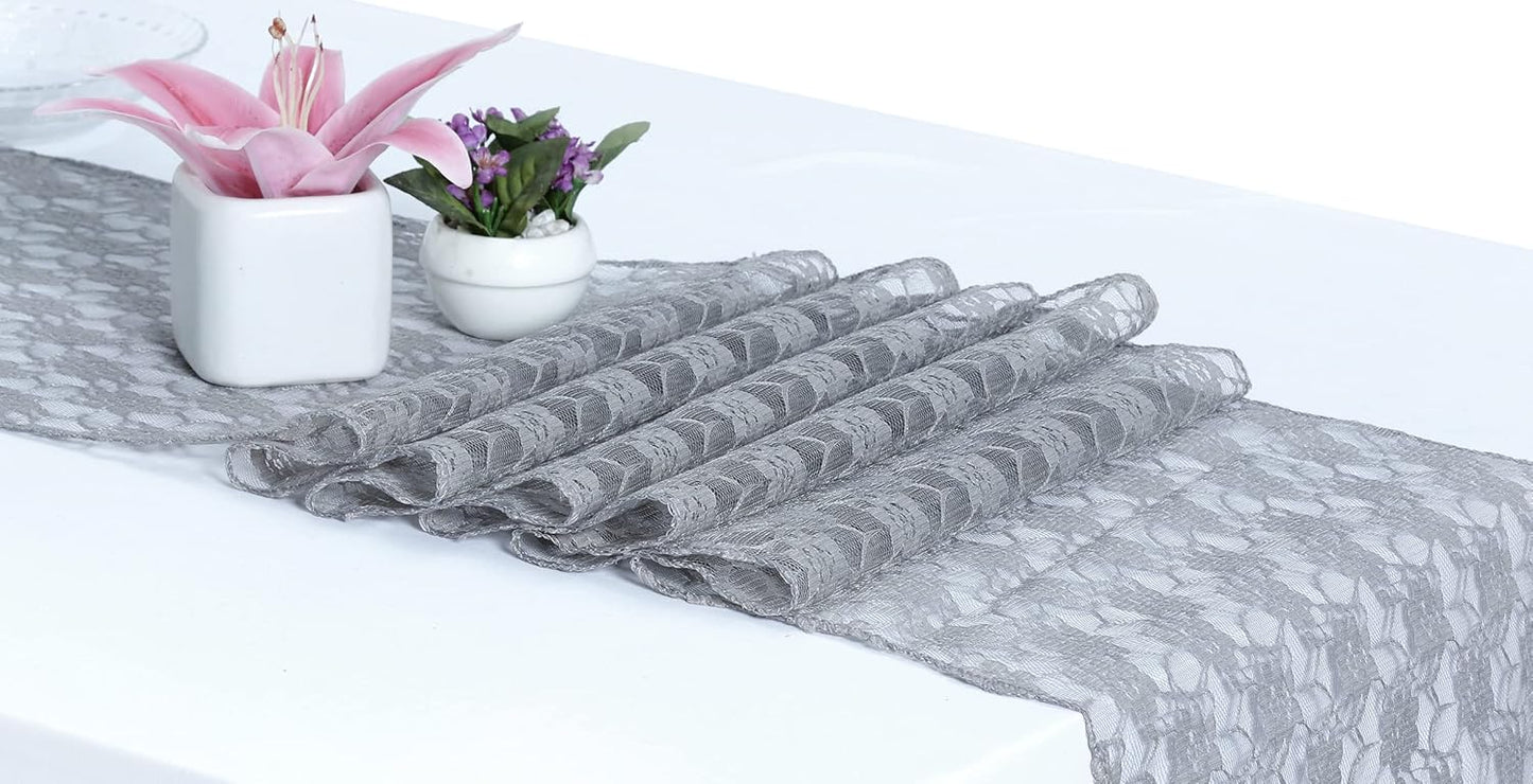 MDS Pack of 15 Wedding 12 x 108 inches Lace Table Runner for Wedding, Decorations for Birthday Parties, Banquets, Graduations, Engagements, and Runners fit Rectangle, Round Table- Silver Gray