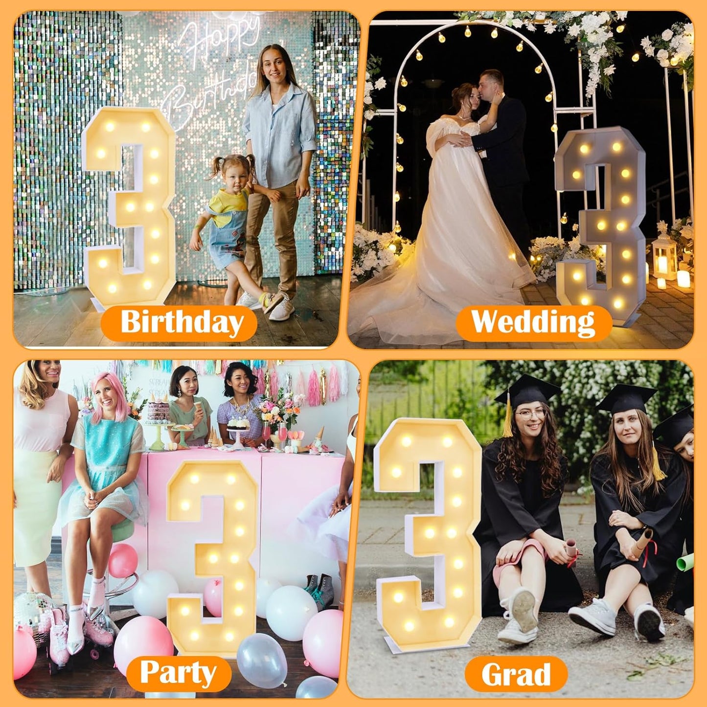 4ft Marquee for Numbers 3, Multifunctional Marquee for Numbers 4 Feet Tall, Number 3 Light up Sign, Light up Numbers for Party Decorations, Birthday, Anniversary Party Decor (Number 3)