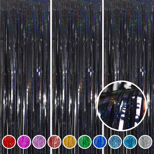 Foil Fringe Curtains Halloween Decor Indoor Party Decorations - Melsan 3 Pack 3.2 x 8.2 ft Black Tinsel Curtain Photo Backdrop for Birthday Decorations Retirement Party Decorations Black