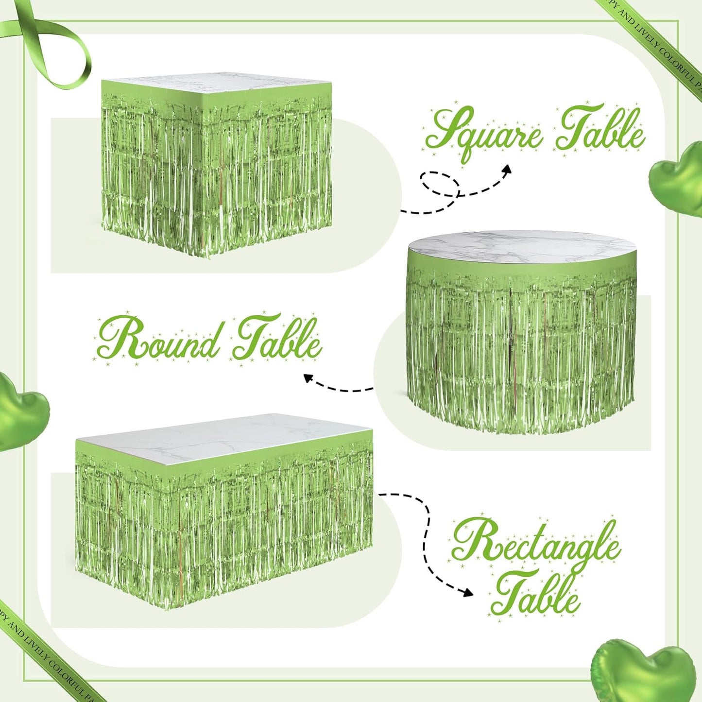 2 Pack Light Green Table Skirts, 29x108" Metallic Foil Tinsel Fringe Table Skirts for Rectangle Tables Streamer Curtains Backdrop, Party Decorations for Birthdays Weddings Holidays