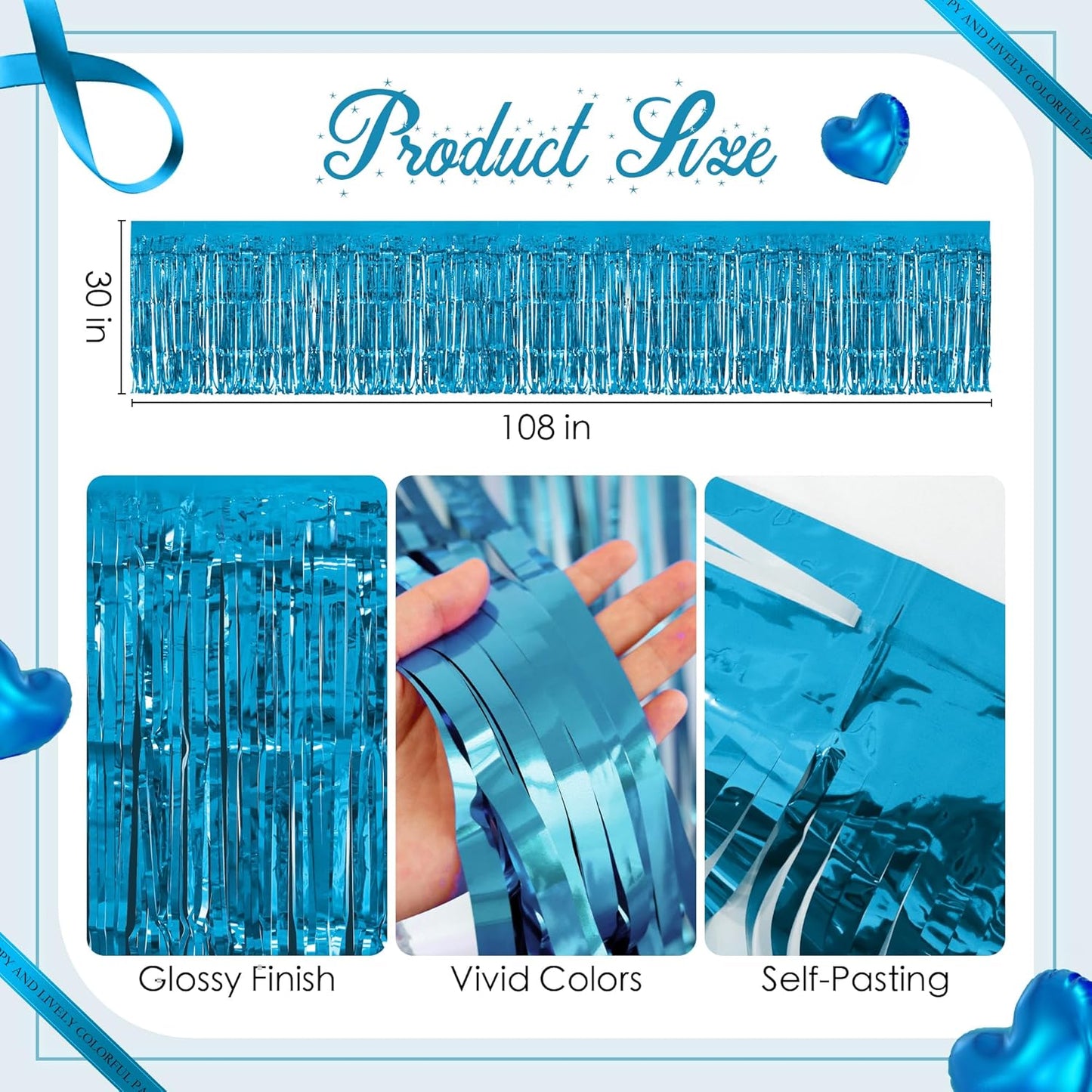 4 Pack Lake Blue Table Skirts, 29x108" Metallic Foil Tinsel Fringe Table Skirts for Rectangle Tables Streamer Curtains Backdrop, Party Decorations for Birthdays Weddings Holidays