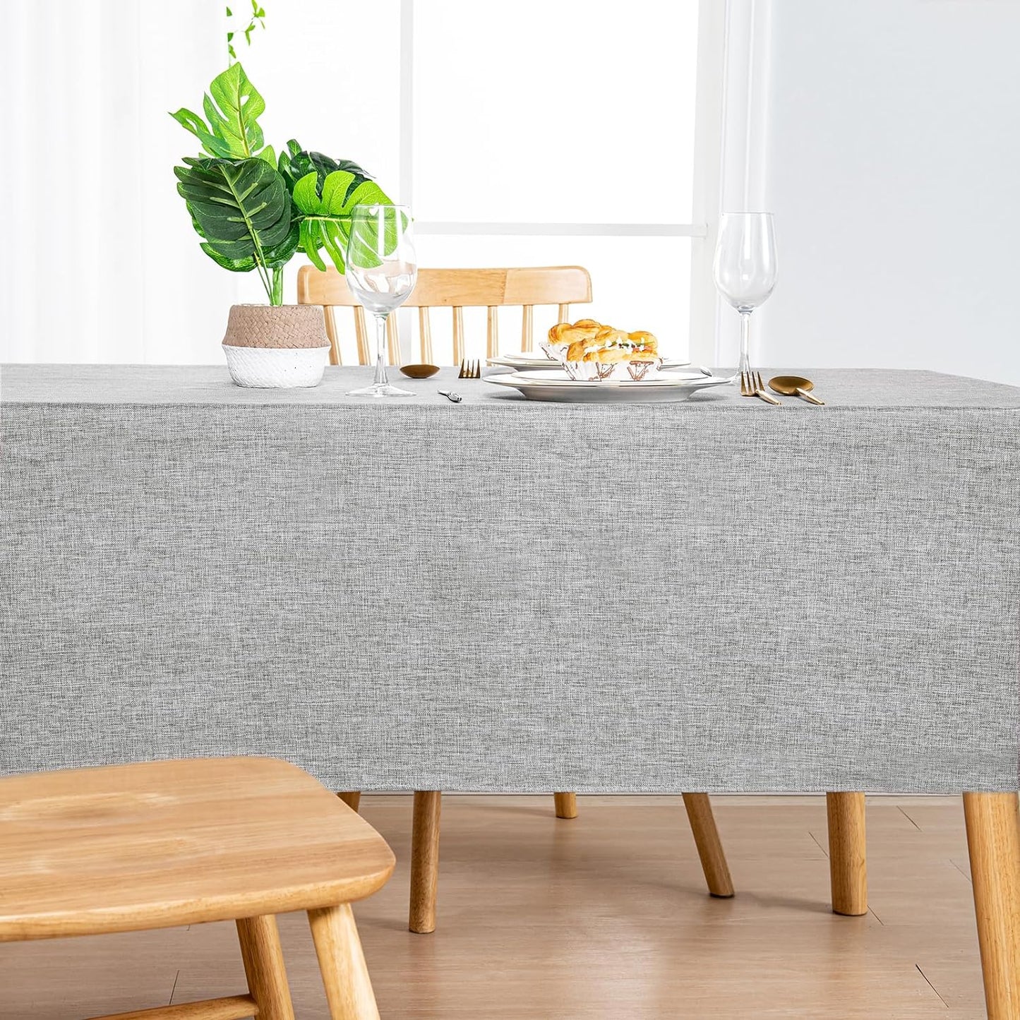 Hiasan Faux Linen Rectangle Tablecloth - Wrinkle and Stain Resistant Washable Table Cloth for Kitchen Dining Room Holiday Table Cover for Dinner, Light Grey, 60 x 84 Inch
