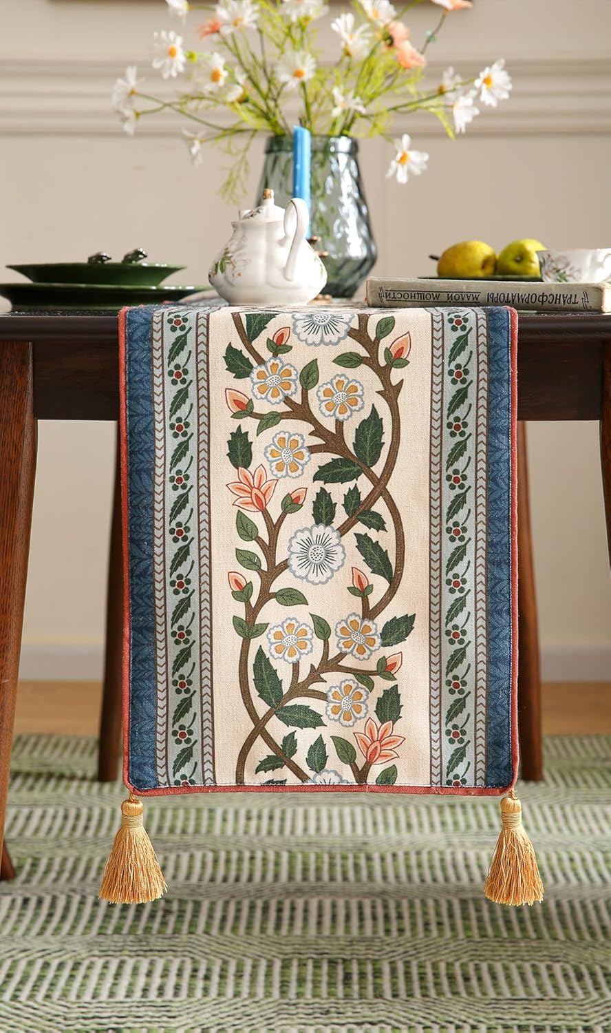ISAENNE Designer Vintage Elegant Linen Extra Long Table Runner 118 Inches,Colorful Flower Pattern Soft Table Runners for Dining Tables,Thanksgiving,Kitchen Tables,Christmas,12"*118"-Naples C