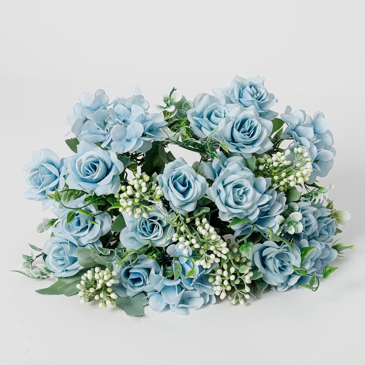 Artificial Flower 5 Branches Artificial Silk Fake Flowers Bouquet Small Roses for Wedding Home Office Tables Decor 2 Packs 4 Packs(Light Blue)