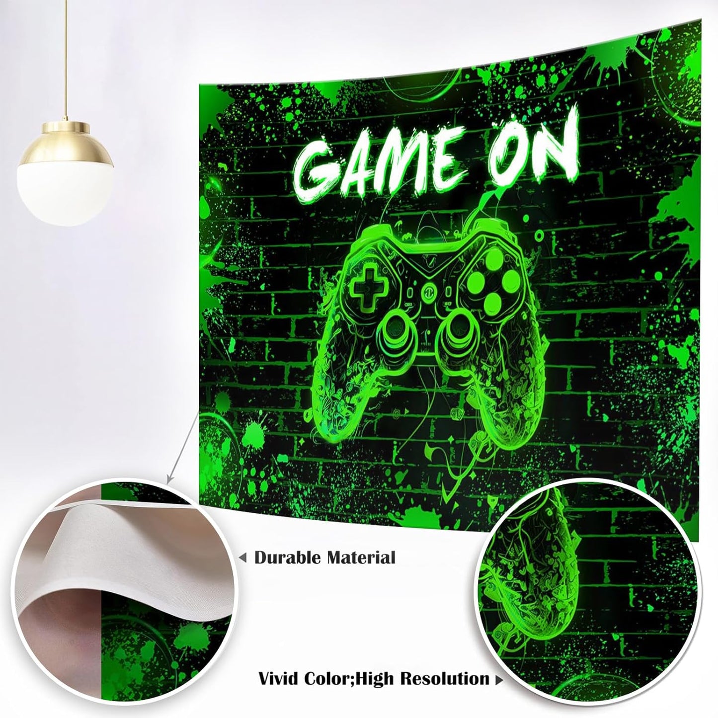 Mocsicka Game On Backdrop Video Game for Boys Level Up Birthday Party Decoration Game Night Arcade Neon Glow Gamer Banner Photography Background (Green, 6x4ft(72"x48"))