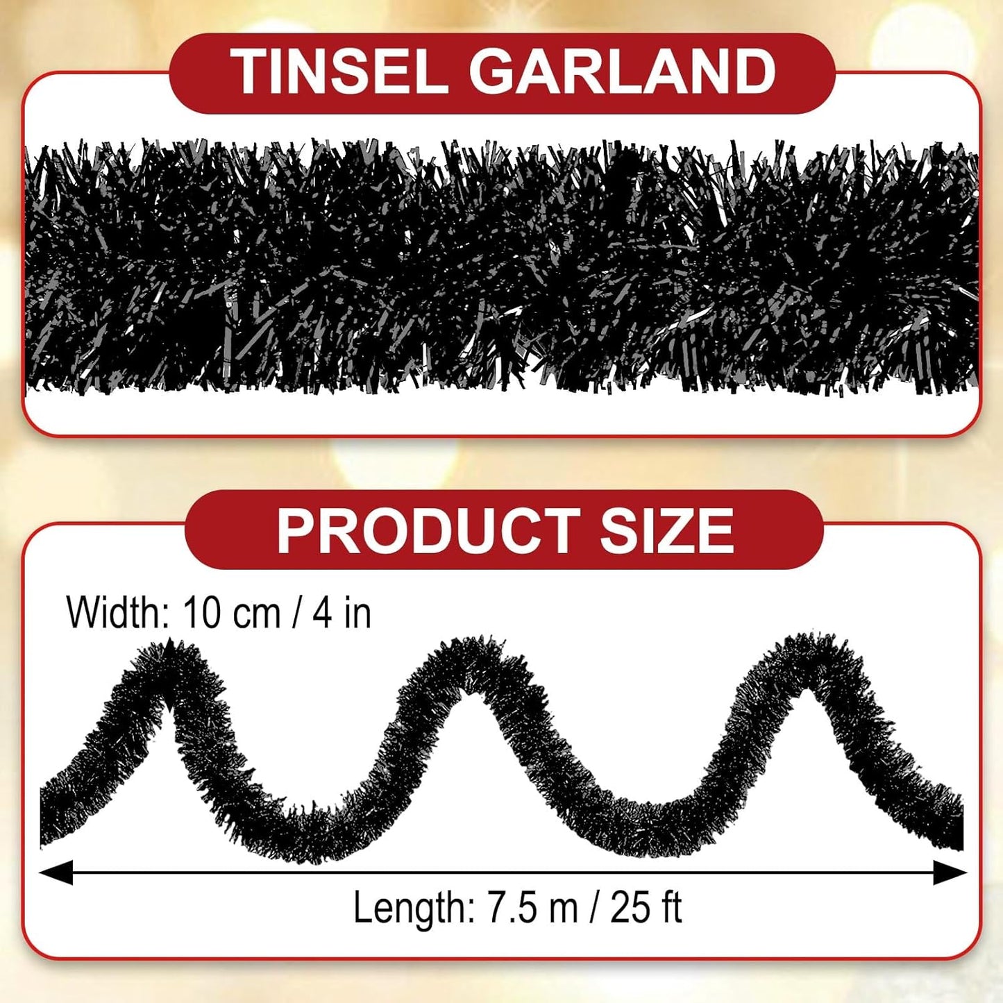 25 Feet Black Christmas Tinsel Garland, Metallic Foil Twist Garland Wall Hanging Tinsel Banner Backdrop for Parade Floats, Easter, Mother's Day, Birthday Party Decorations (4in x 25ft)