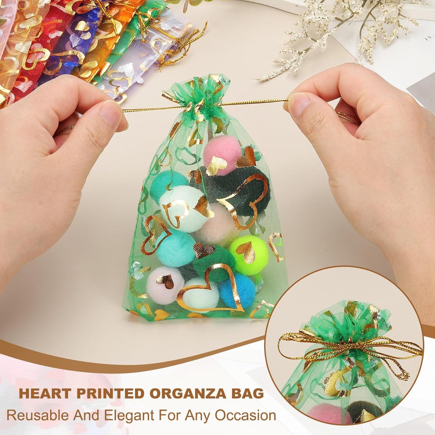PATIKIL 100 Pcs 4x6 Inch Heart Printed Organza Bags, Silver Sheer Heart Organza Bags with Drawstring for Christmas Candy Jewelry Party Wedding Favor Gift