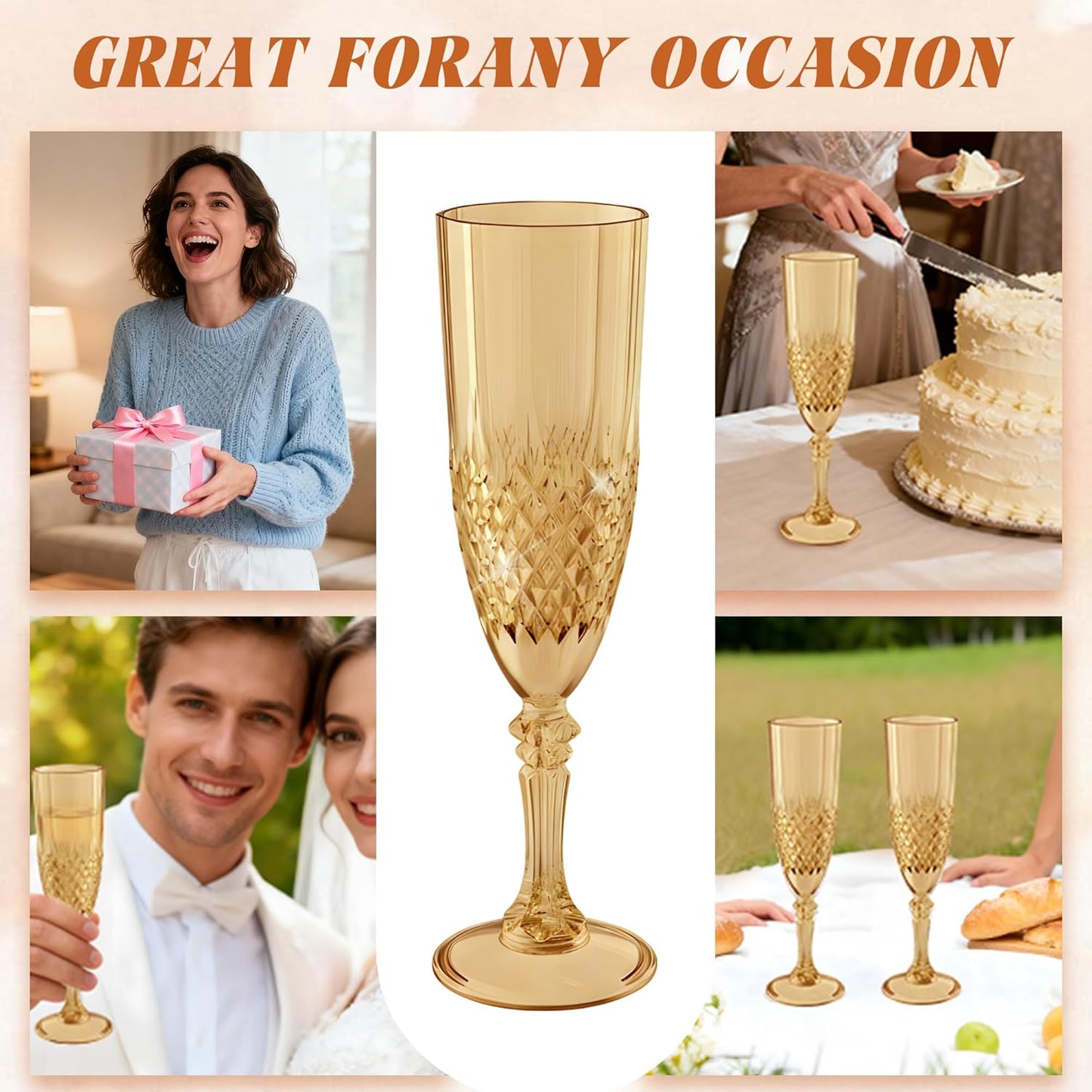 Plastic Champagne Flutes, 48PCS Gold Wine Glasses Goblets Cups Reusable Flute, for Weddings Bachelor Parties Toasting and Events(48, Gold)