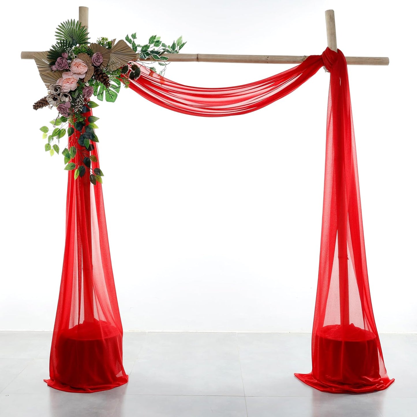 VDS Pack of 3 Panel (30 Inch X 20 Feet) Wedding Arch Draping Fabric Sheer Chiffon Fabric Drapery for Wedding Ceremony Reception Swag Backdrop Canopy Chuppah ARBO Altars Decoration (Red)