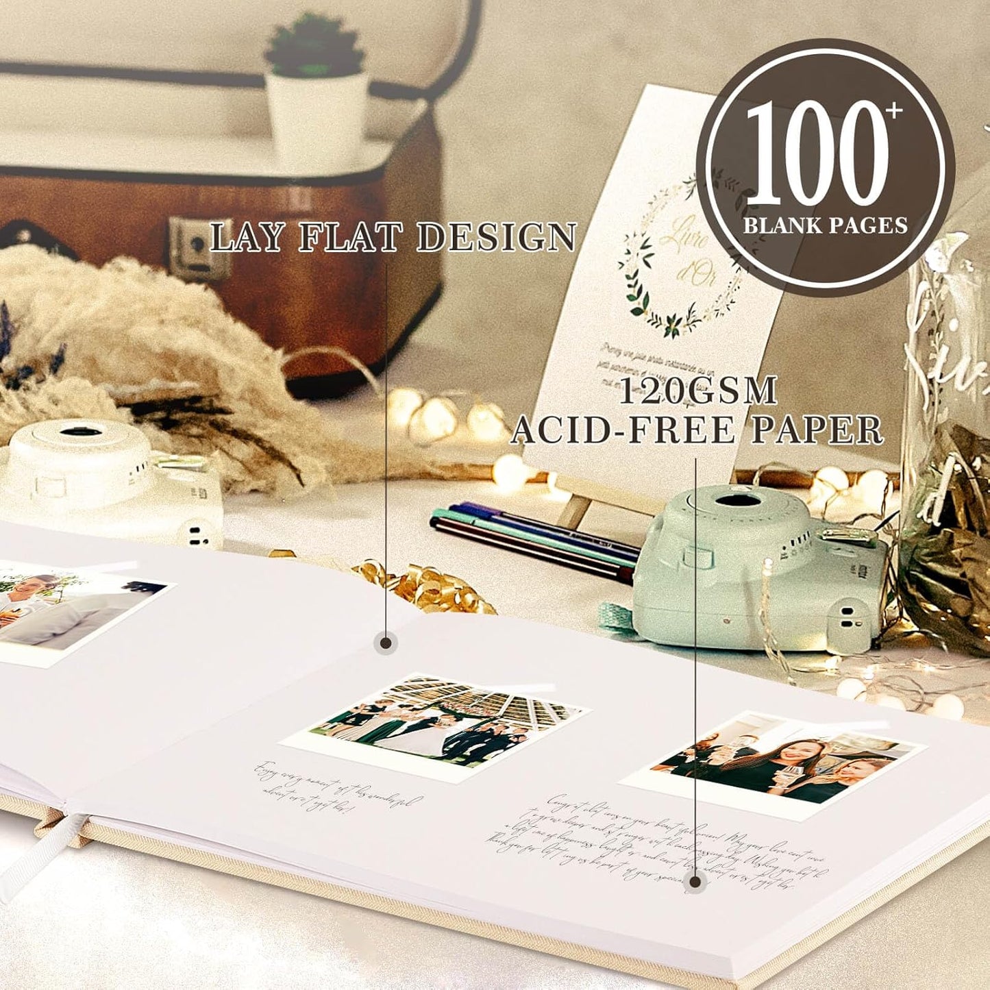 Lanpn Wedding Guest Book 2025 - Linen Hardcover Polaroid Guestbook Wedding Reception with 108 Blank Pages for Sign in and Photos - Guest Book for Wedding Bridal Shower Baby Shower Party (Beige)