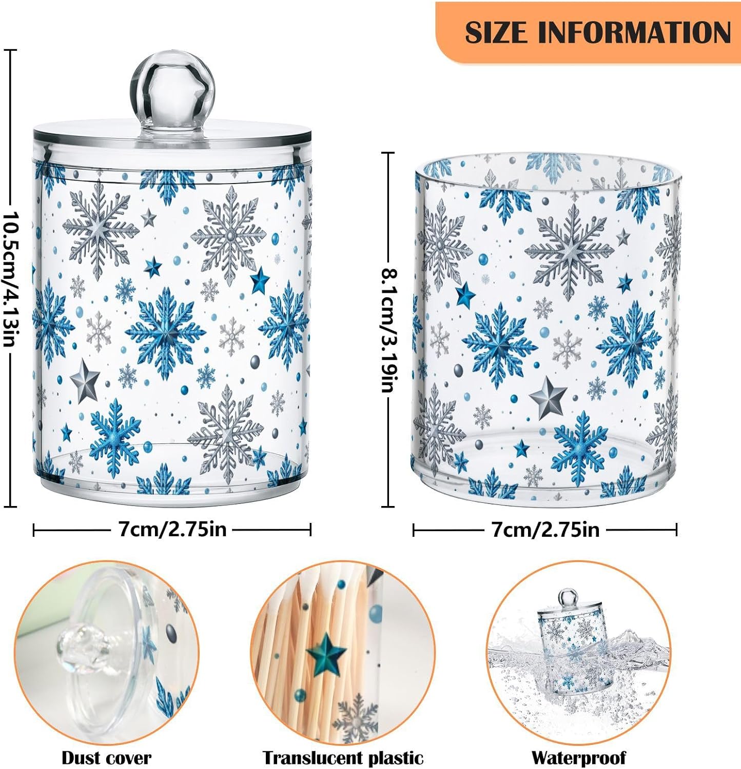 Gredecor Christmas Winter Qtip Holder Dispenser 4 Pack Silver Blue Glitter Snowflakes Apothecary Jars with Lids Bathroom Vanity Countertop Canister Storage Organizer for Cotton Ball,Swabs,Pads,Floss