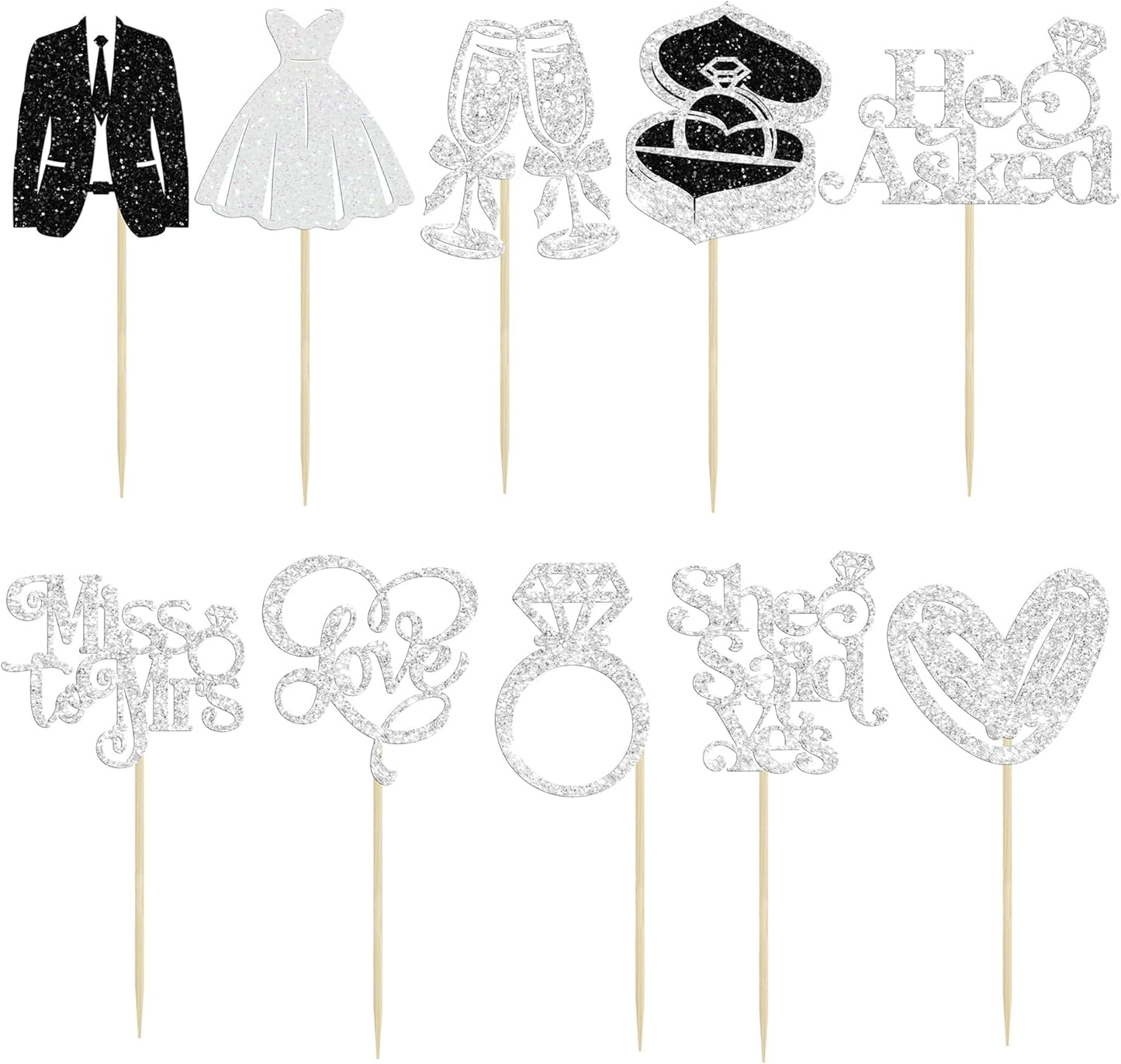 Gyufise 30Pcs She Said Yes Cupcake Toppers Glitter Diamond Ring I Do Love Cupcake Picks Miss to Mrs He Asked Bridal Shower Wedding Engagement Bachelorette Cake Decoration Silver