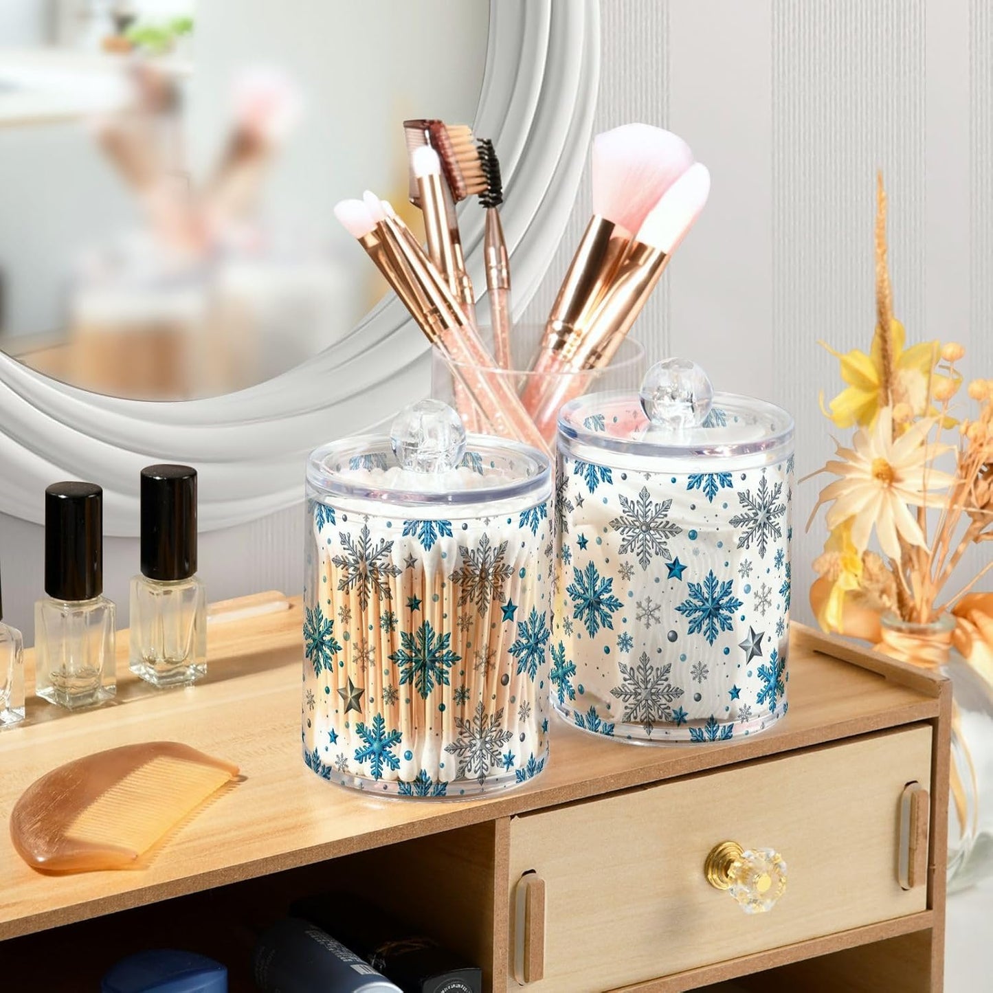 Gredecor Christmas Winter Qtip Holder Dispenser 4 Pack Silver Blue Glitter Snowflakes Apothecary Jars with Lids Bathroom Vanity Countertop Canister Storage Organizer for Cotton Ball,Swabs,Pads,Floss