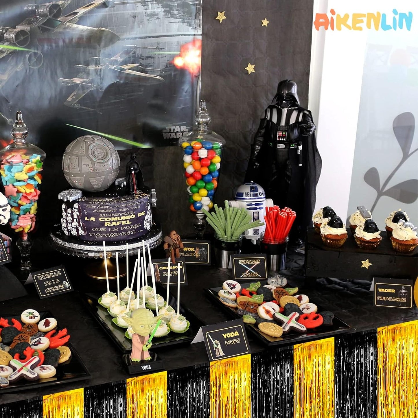 6 Pack 29x108 Inch Black Gold Metallic Foil Fringe Tinsel Table Skirts for Rectangle Tables Streamer Curtains Backdrop for Wedding, Parade Floats, Valentine's Day Birthday Graduation Party Decoration