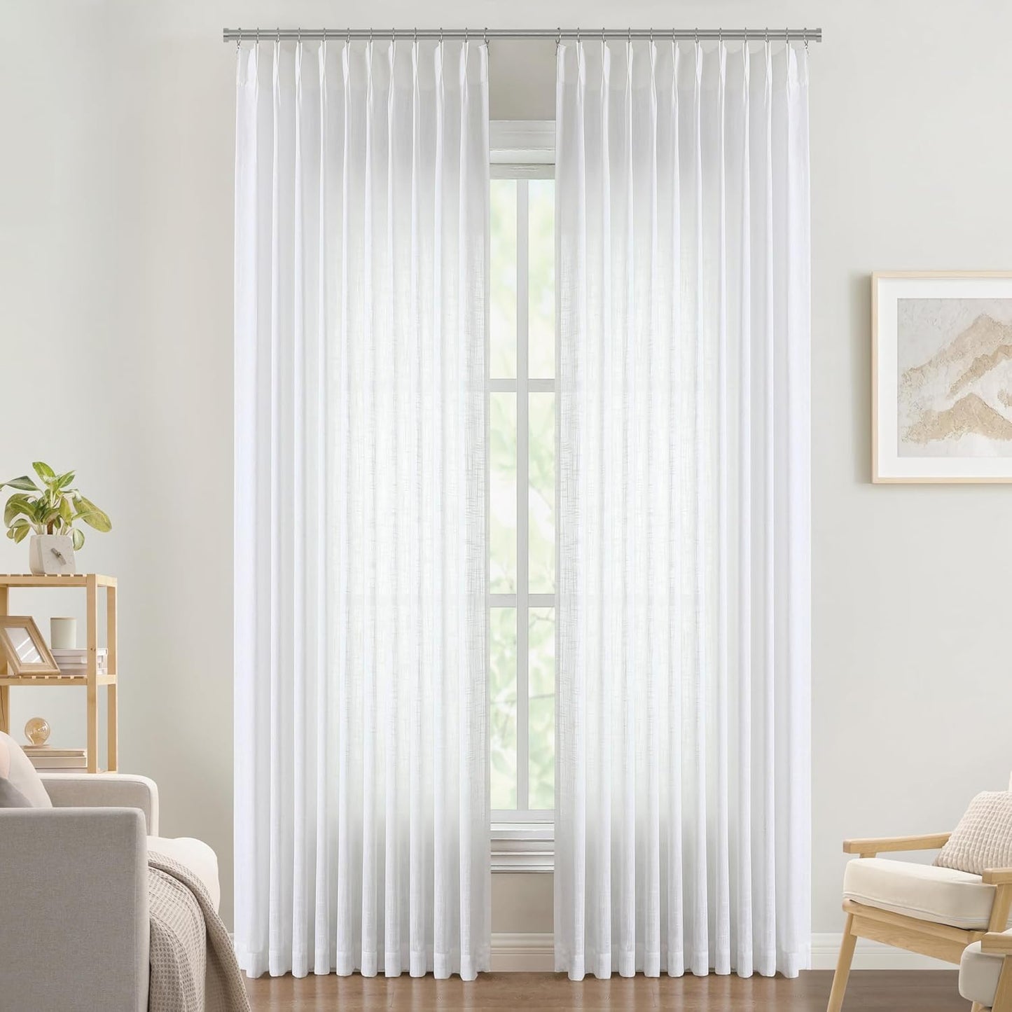 Vision Home White Pinch Pleated Semi Sheer Curtains Textured Light Filtering Window Curtains 120 inch for Living Room Bedroom Patio Rayon Blended Pinch Pleat Drapes with Hooks 1 Panel 10ft 60"Wx120"L