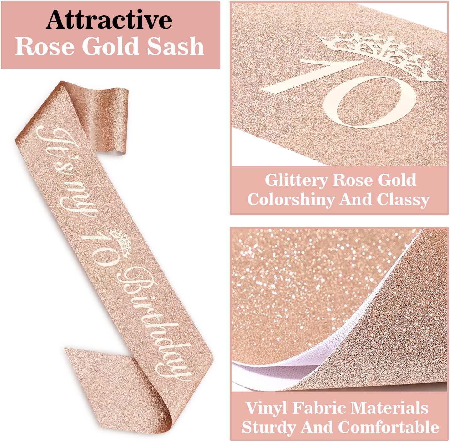 10th Birthday Decorations for Girls, Including Sash, Crown/Tiara, Candles, Cake Topper. 10th Birthday Gifts for Girls, Rose Gold Party Decor Supplies