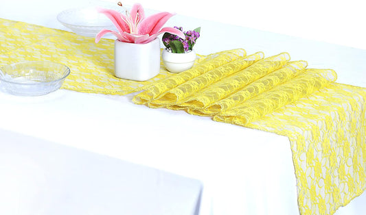 MDS Pack of 20 Wedding 12 x 108 inches Lace Table Runner for Wedding, Decorations for Birthday Parties, Banquets, Graduations, Engagements, and Runners fit Rectangle, Round Table- Yellow