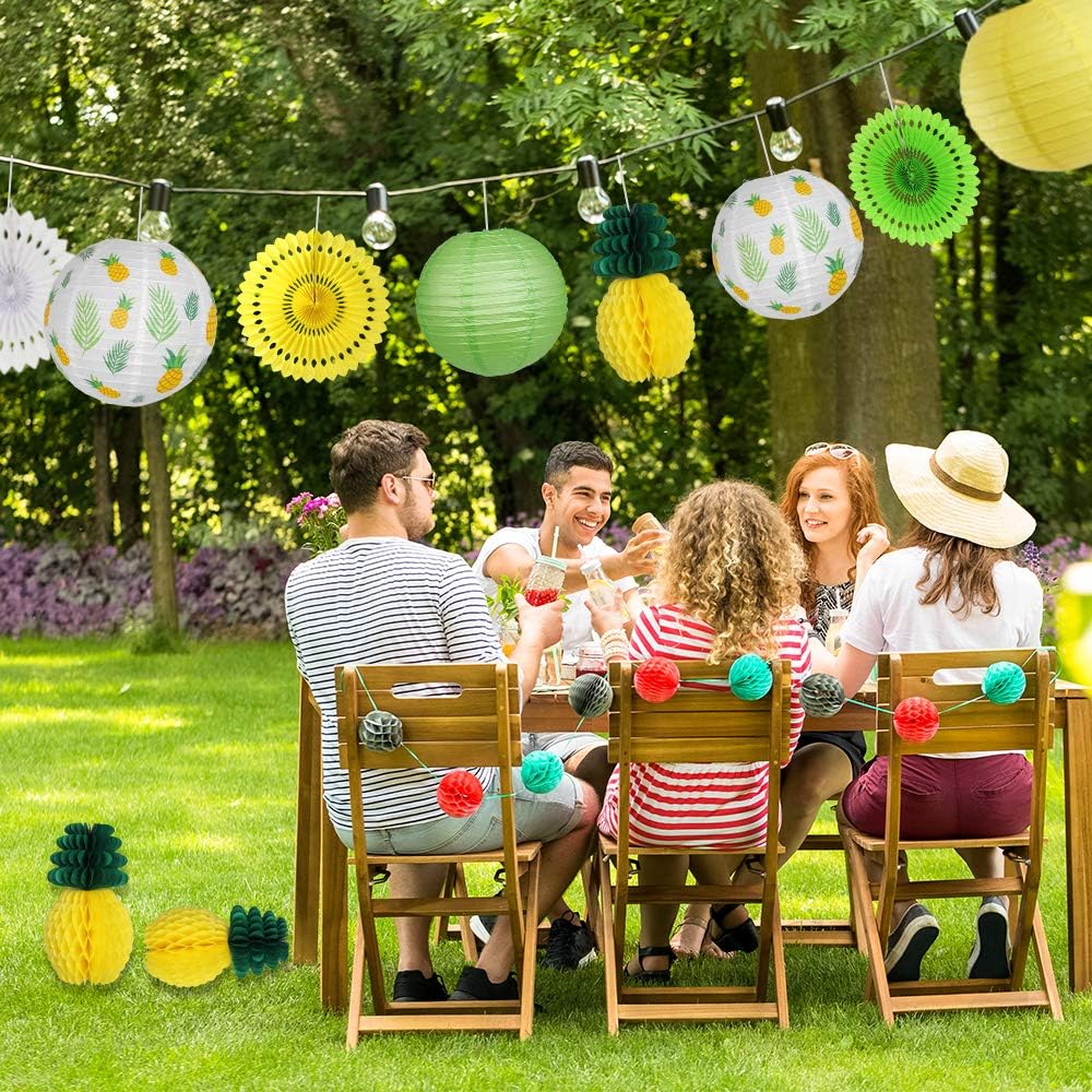 Pineapple Party Decorations Hanging Paper Lanterns Pineapple Honeycomb Tissue Paper Fans for Hawaiian Tropical Birthday Luau Party Decorations Summer Decor (Yellow)