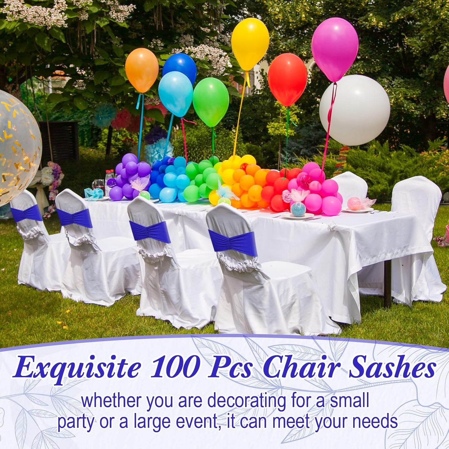 Moukeren 100 Pcs Spandex Chair Sashes Bows Bands Slider Sashes for Chair Covers Elastic Bands Ties Ribbon Decorations for Wedding Party Events Ceremony Birthday Banquet(Royal Blue)