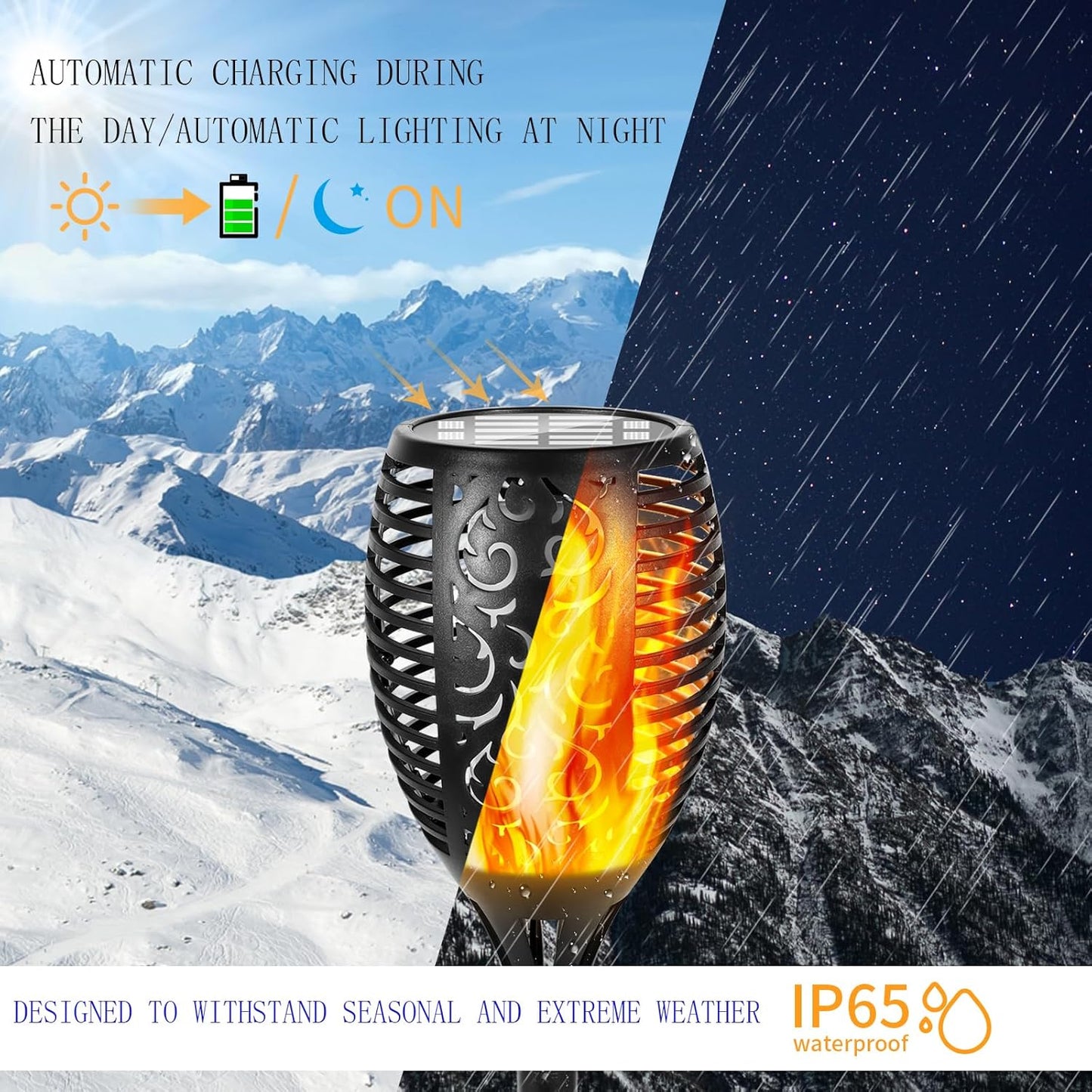 I-SHUNFA 96 LED Outdoor Waterproof Solar Torch Lights with 3 Modes—Flickering Flame, Fade Effect, or Full Brightness Automatic On/Off Landscape Decorations and Security Lights (4, Warm)