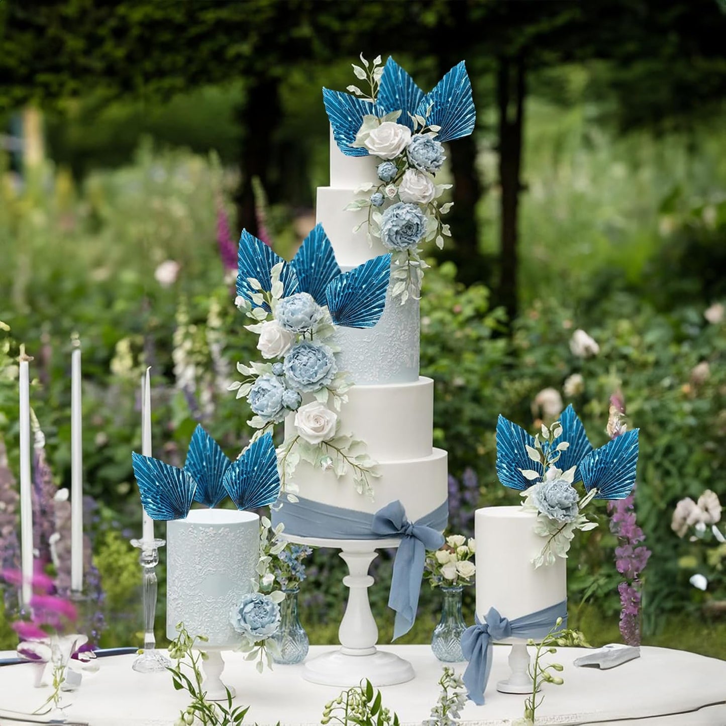 Ephlyn 6Pcs Paper Palm Leaves Fan Cake Toppers Palm Leaf Fan Cake Picks Craft DIY Fan Cupcake Toppers Palm Spear Leaves Cake Decorations for Baby Shower Wedding Birthday Party Supplies Bright Blue