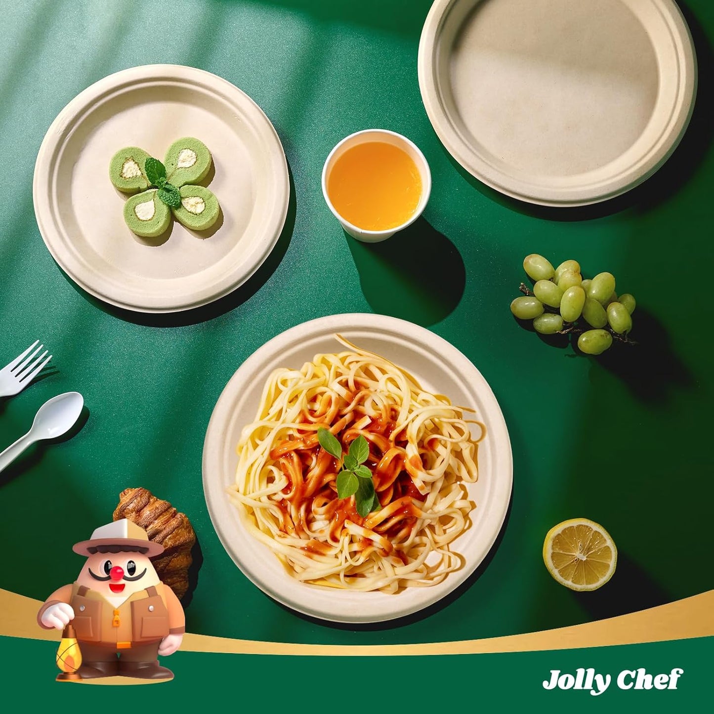 JOLLY CHEF Compostable Heavy Duty Plates 𝟭𝟬 𝗜𝗻𝗰𝗵 [𝟯𝟬𝟬 𝗣𝗮𝗰𝗸] Eco-Friendly Disposable Paper Plates Made of Bagasse Biodegradable Bulk for Party Dinner Sugarcane Fibers Round (Natural)
