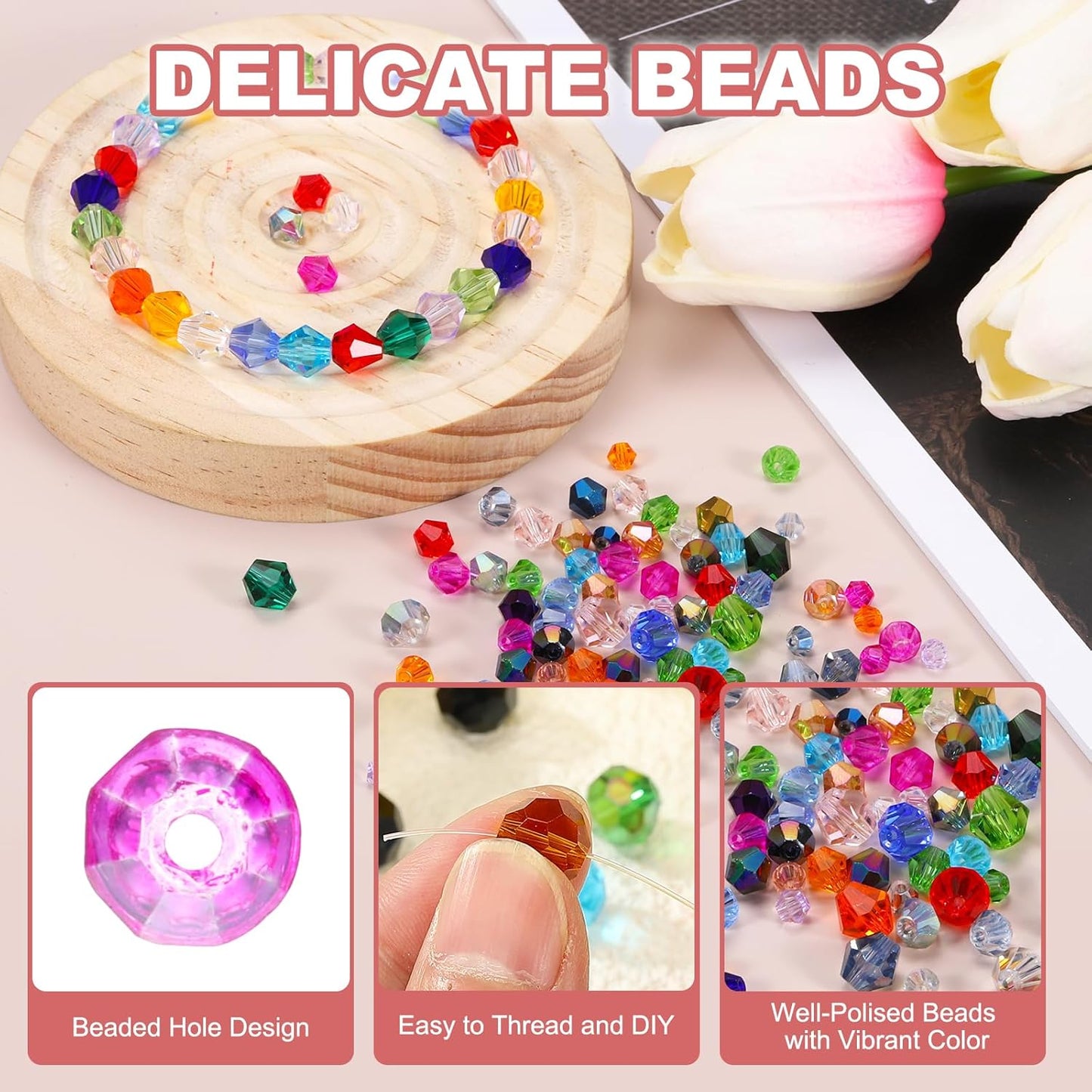 PATIKIL 1000pcs 4mm Bicone Glass Crystal Beads, Faceted Glass Spacer Beads with Box for Jewelry Making Bracelet Necklace Earrings DIY Suncatcher Craft, Rose Red AB