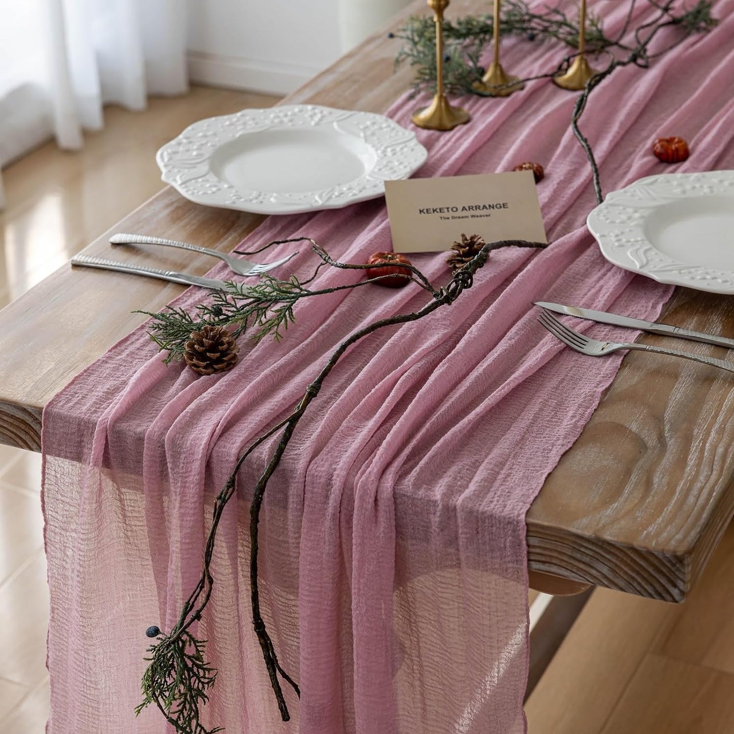 Table Runner Dusty Rose Cheesecloth Gauze 120 Inch 10 FT Rustic Boho Cheese Cloth Runner for Wedding Baby Shower Bridal Shower Garden Party Sheer Home Decorations