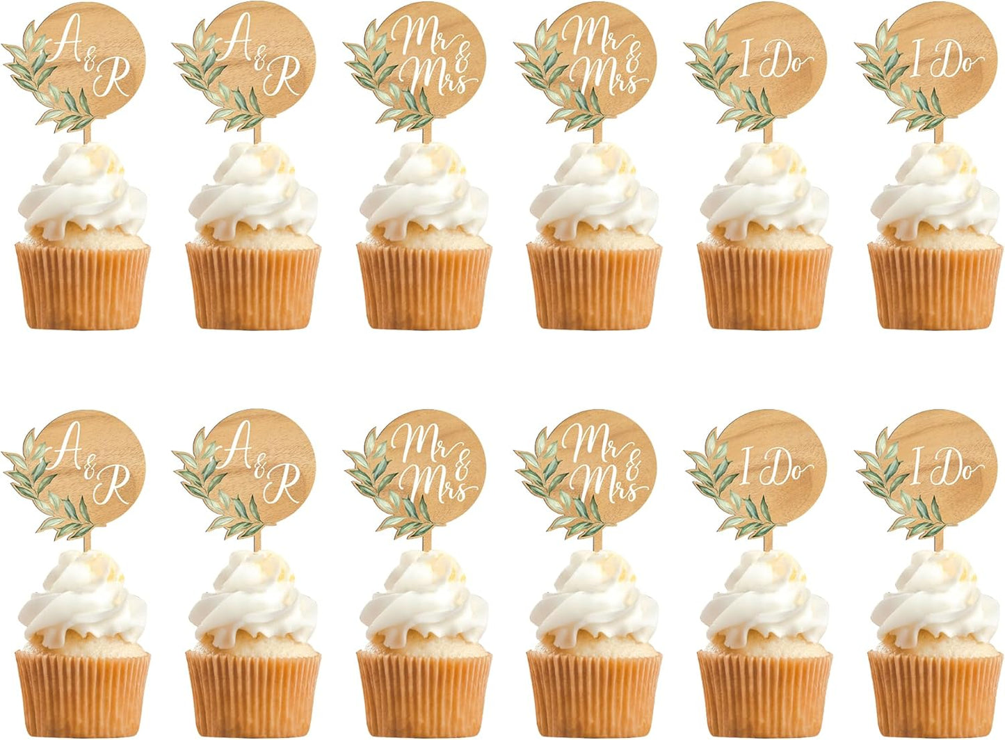 Custom Wedding Cupcake Toppers Personalized Cake Cupcake Decorations in Wood (12 PCS)