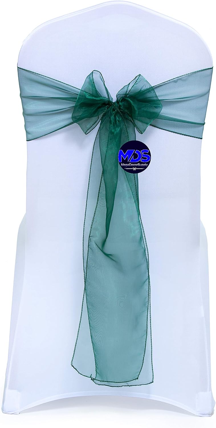 MDS Pack of 150 PCS Organza Chair Sashes Wider Dining Chair Bows Ribbon Tie Back for Wedding Party Birthday Bridal Shower Reception Event Banquet Home Chair Cover Decoration - Hunter Green