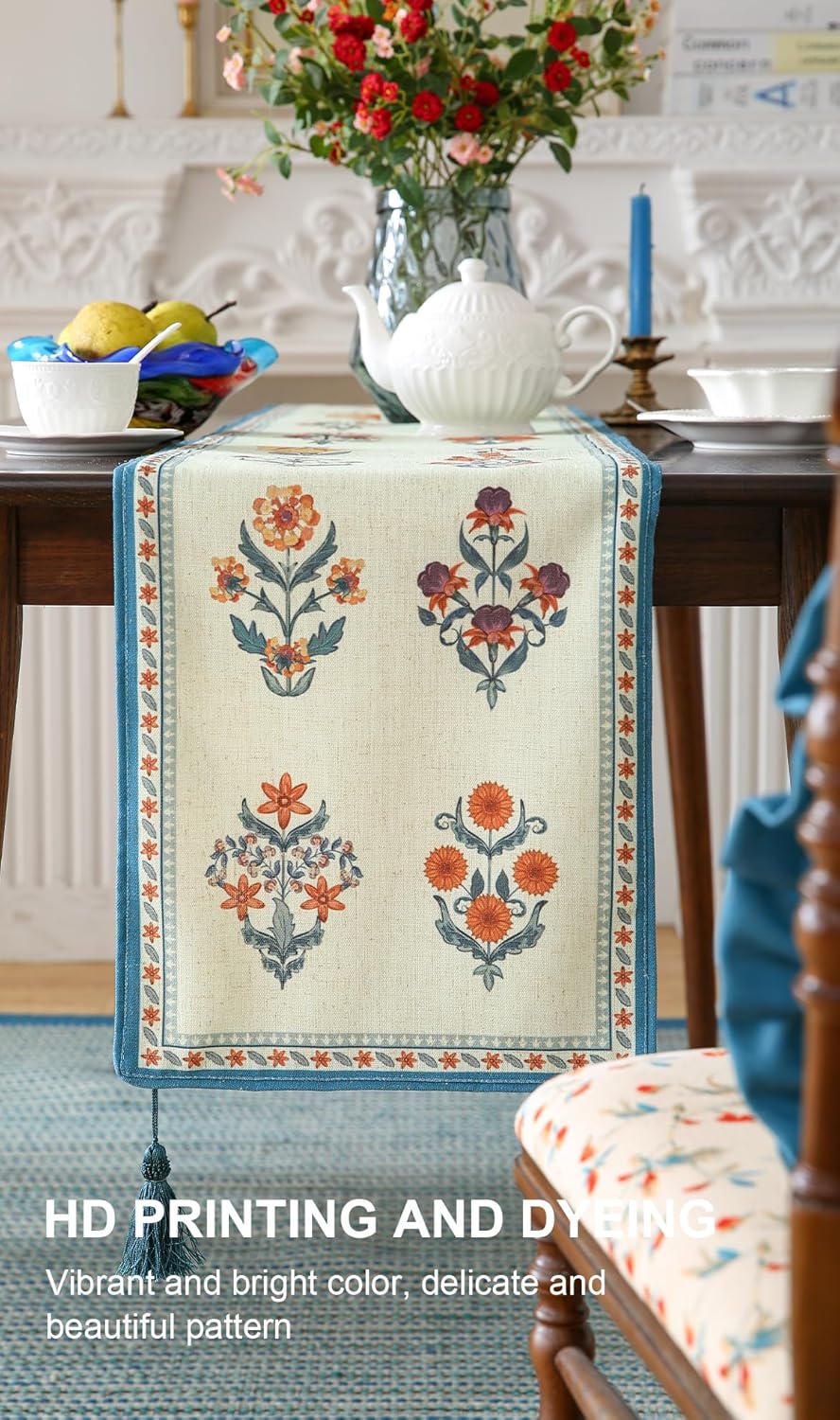ISAENNE Designer Light Green Linen Table Runner 102 Inches Long,French Floral Patterns Elegant Table Runner for Dining Tables,Thanksgiving,Kitchen Tables,Christmas,12"*102"-Floralsea B