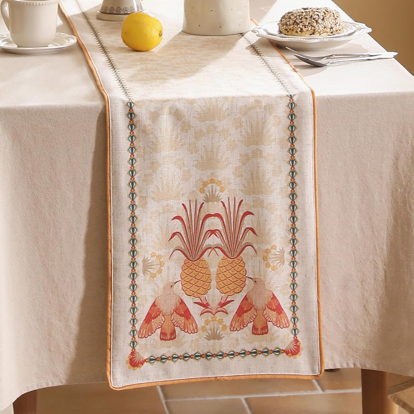 patdrea Designer Tropical Linen Table Runner 87 Inch Long, Yellow Vintage Elegant with Pineapple Pattern Table Mat,Decoration for Kitchen Dining Coffee Table Cover Banquet Christmas , 12"*87"