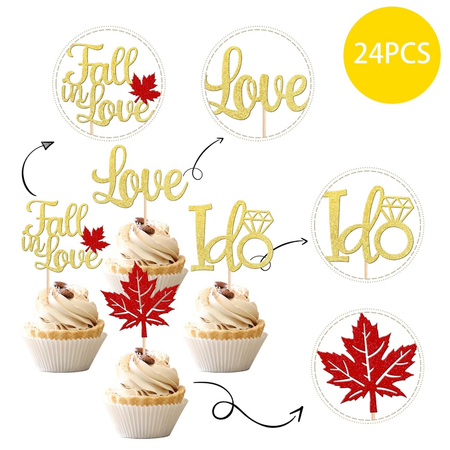 24 PCS Fall in Love Cupcake Toppers Glitter Maple Leaves Love I Do Cupcake Picks Fall Theme Wedding Cake Decorations for Bridal Shower Engagement Thanksgiving Birthday Party Supplies