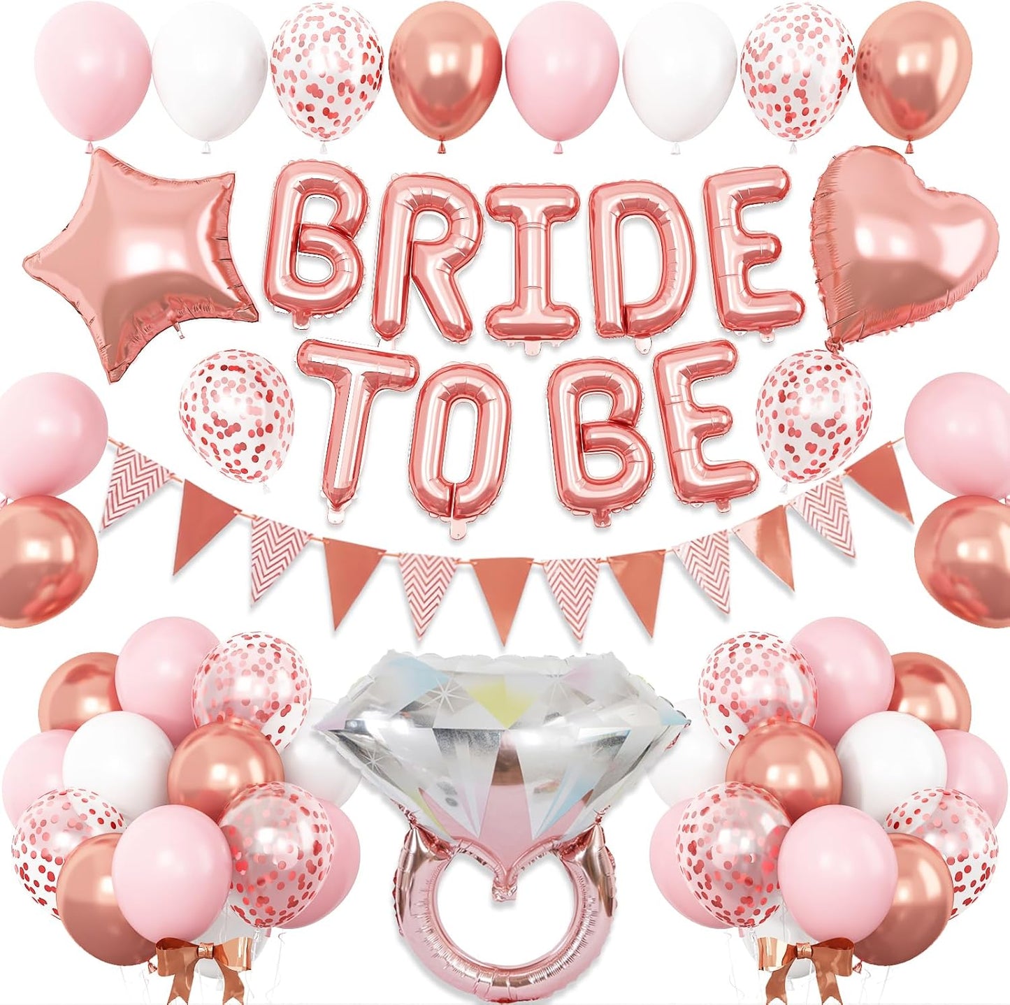 Rose Gold Bachelorette Party Decorations, Bride To Be Bridal Shower Balloons Decorations, Pink White Rose Gold Confetti Balloons and Diamond Ring Star Heart Balloon for Bachelorette Engagement Wedding