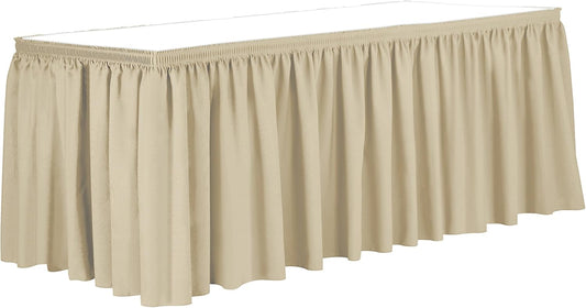 Ultimate Textile Pleat Polyester Fabric Table Skirt - Machine Washable Flame Resistant with Clips for Events, Weddings & Trade Shows, Cut & Sewn in Paterson, NJ - Tan, 7' Shirred Pleat