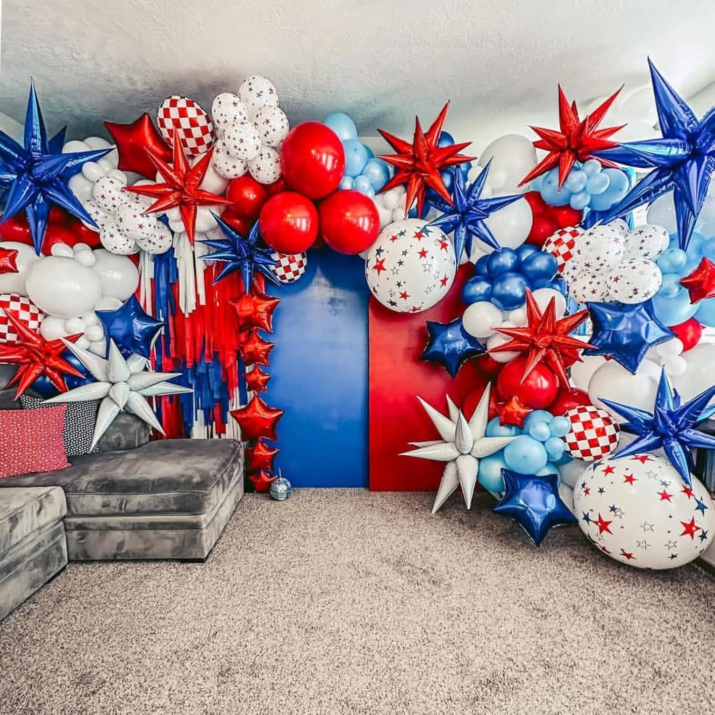 Blue Star Balloons 12pcs, 27/22 Inch Foil Star Explosion Balloons, Large Spike Mylar Cone Balloon, Fireworks Shape Balloon Party Decor for Men Boys Birthday Space Theme Backdrop