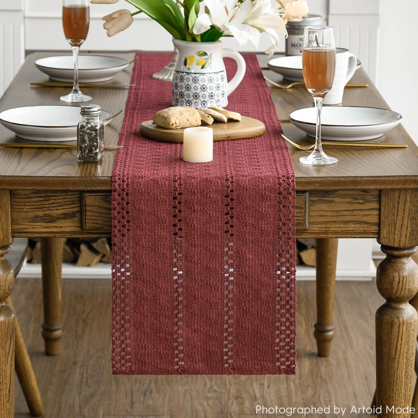 Artoid Mode Red Farmhouse Woven Rustic Hollow Table Runner, Seasonal Holiday Hollow Kitchen Dining Table Decoration for Home Party Decor 12x90 Inch
